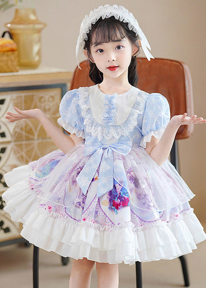 Diy Blue O-neck Print Patchwork Bow Tulle Mid Dress Puff Sleeve