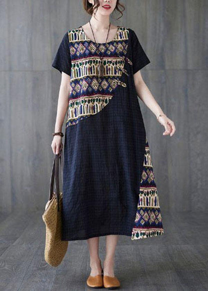 Diy Blue O-neck Asymmetrical Design Summer Cotton Dress