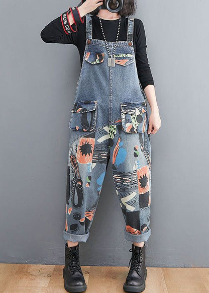 Diy Blue Pockets Print Patchwork Denim Jumpsuit Spring