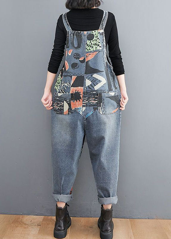 Diy Blue Pockets Print Patchwork Denim Jumpsuit Spring