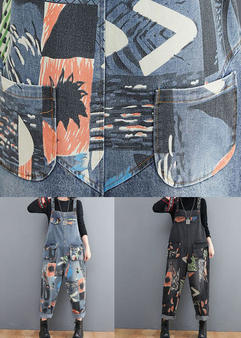 Diy Blue Pockets Print Patchwork Denim Jumpsuit Spring