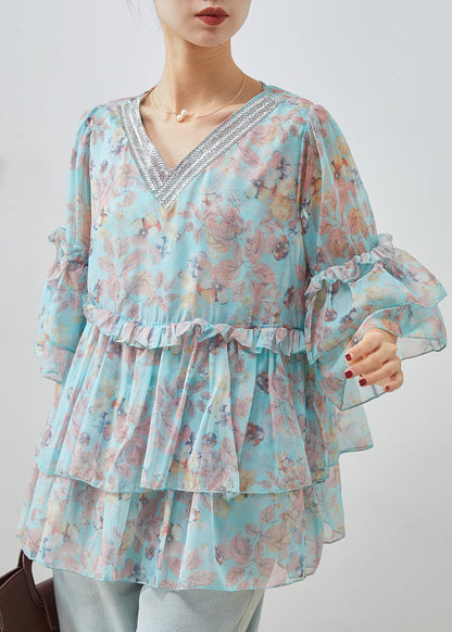 Diy Blue Ruffled Print Chiffon Blouses Bracelet Sleeve