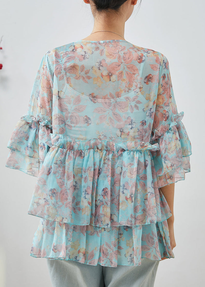 Diy Blue Ruffled Print Chiffon Blouses Bracelet Sleeve