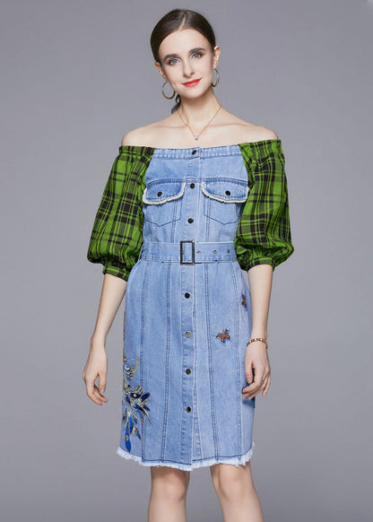 Diy Blue Slash Neck Embroideried Patchwork Cotton Denim Dress Lantern Sleeve