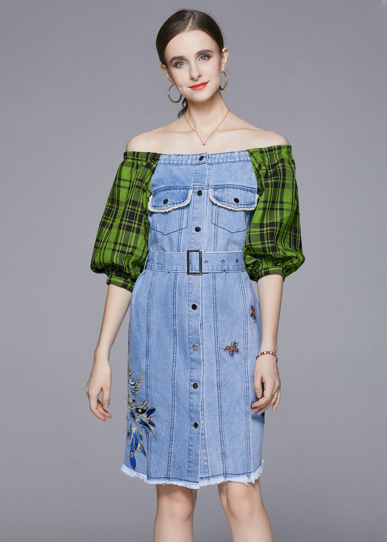 Diy Blue Slash Neck Embroideried Patchwork Cotton Denim Dress Lantern Sleeve