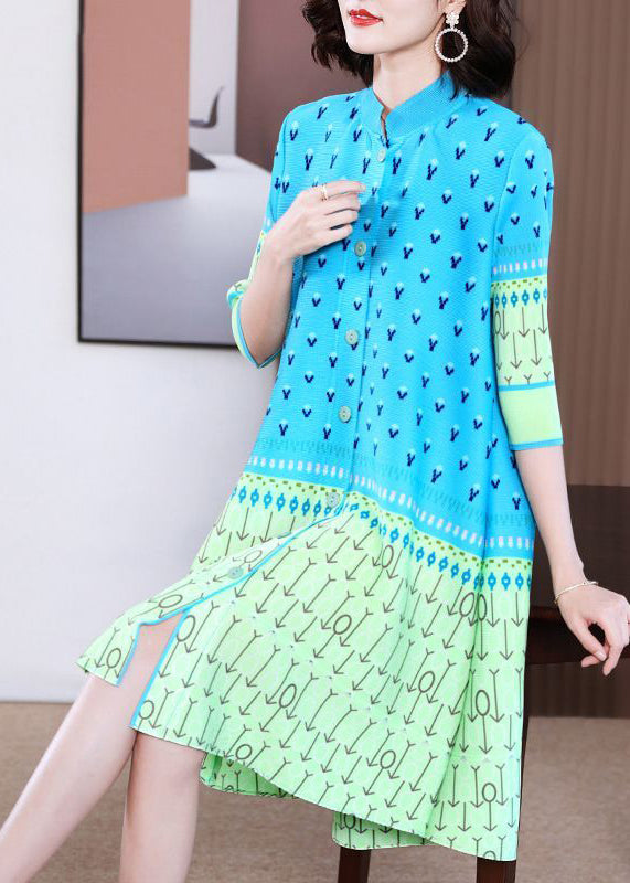 Diy Blue Stand Collar Patchwork Print Holiday Dress Summer