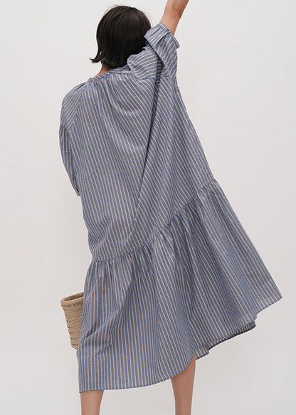 Diy Blue Striped Patchwork Cotton Long Dress Half Sleeve