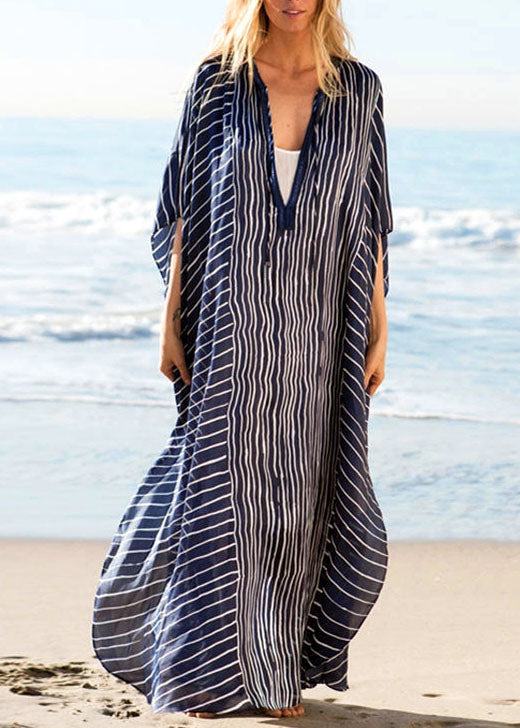 Diy Blue Striped Side Open Beach Gown Vacation Summer Chiffon Dress