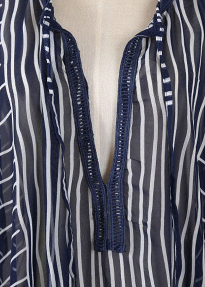 Diy Blue Striped Side Open Beach Gown Vacation Summer Chiffon Dress