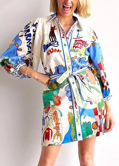 Diy Blue Tie Waist Print Linen Shirt Dress Bracelet Sleeve