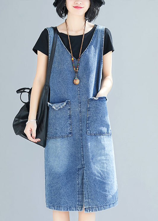 Diy Blue V Neck Pockets Side Open Denim Strap Dresses Summer