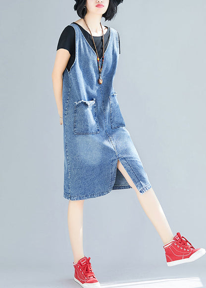 Diy Blue V Neck Pockets Side Open Denim Strap Dresses Summer