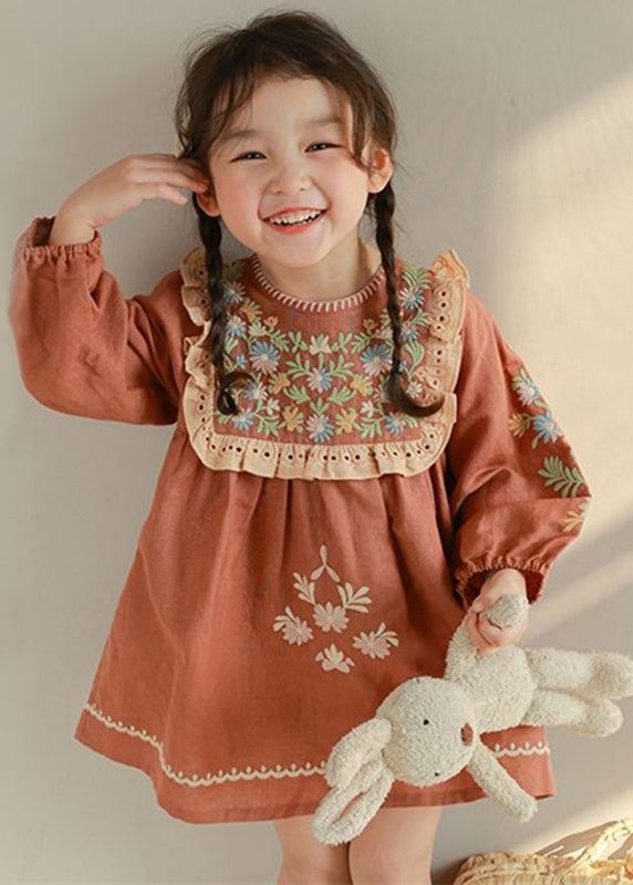 Diy Brick Red Embroideried Hollow Out Kids Mid Dress Fall