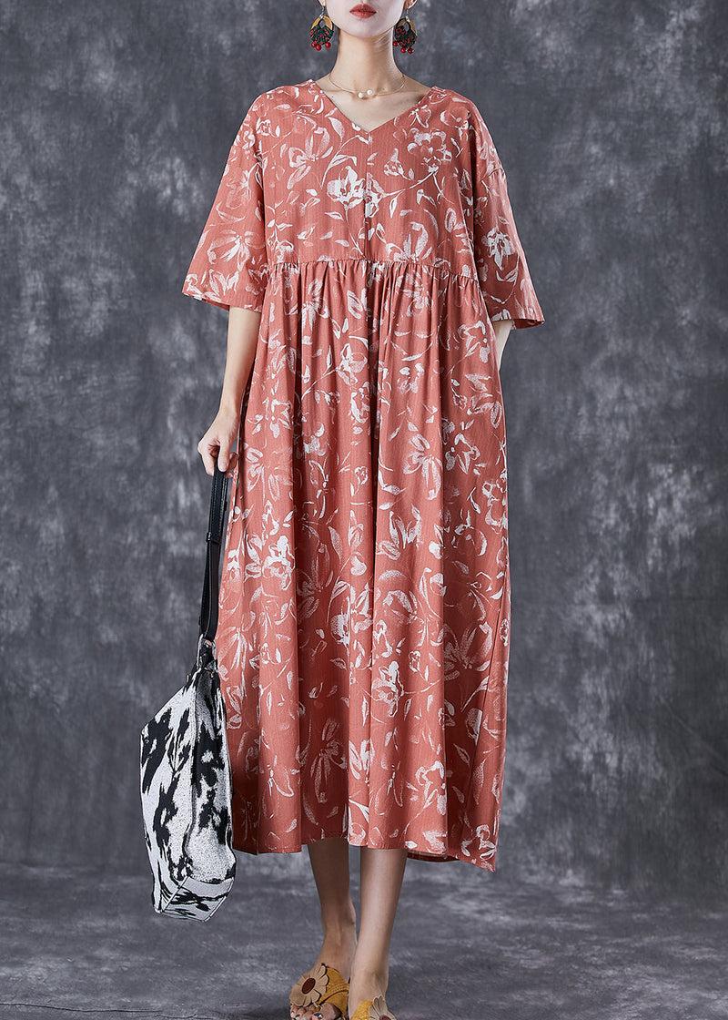 Diy Brick Red V Neck Print Linen Maxi Dress Summer