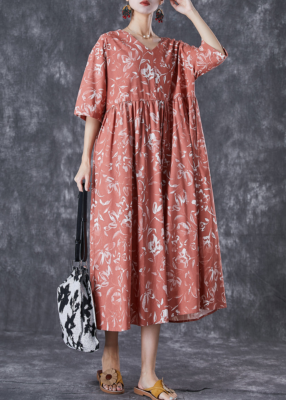 Diy Brick Red V Neck Print Linen Maxi Dress Summer