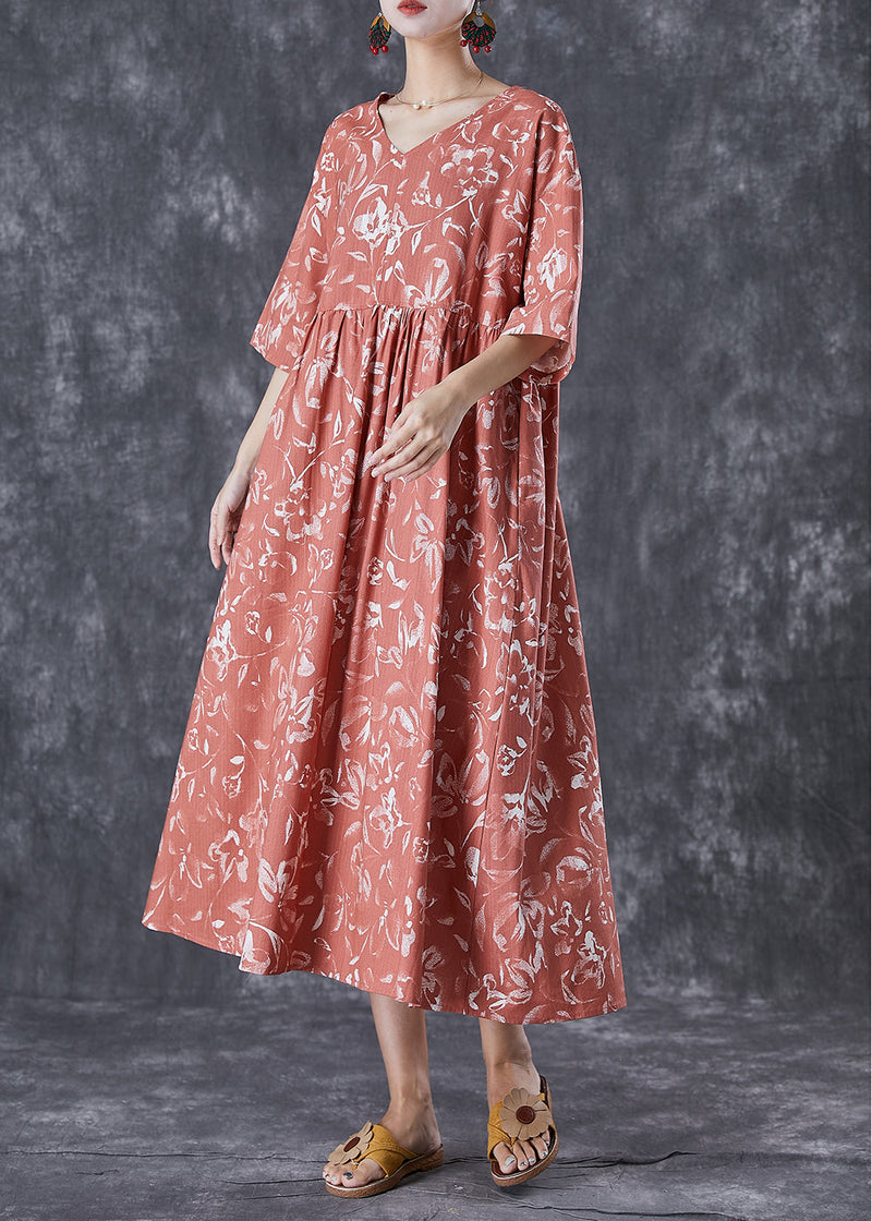 Diy Brick Red V Neck Print Linen Maxi Dress Summer