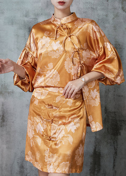 Diy Brown Asymmetrical Print Silk Oriental Sets 2 Pieces Puff Sleeve
