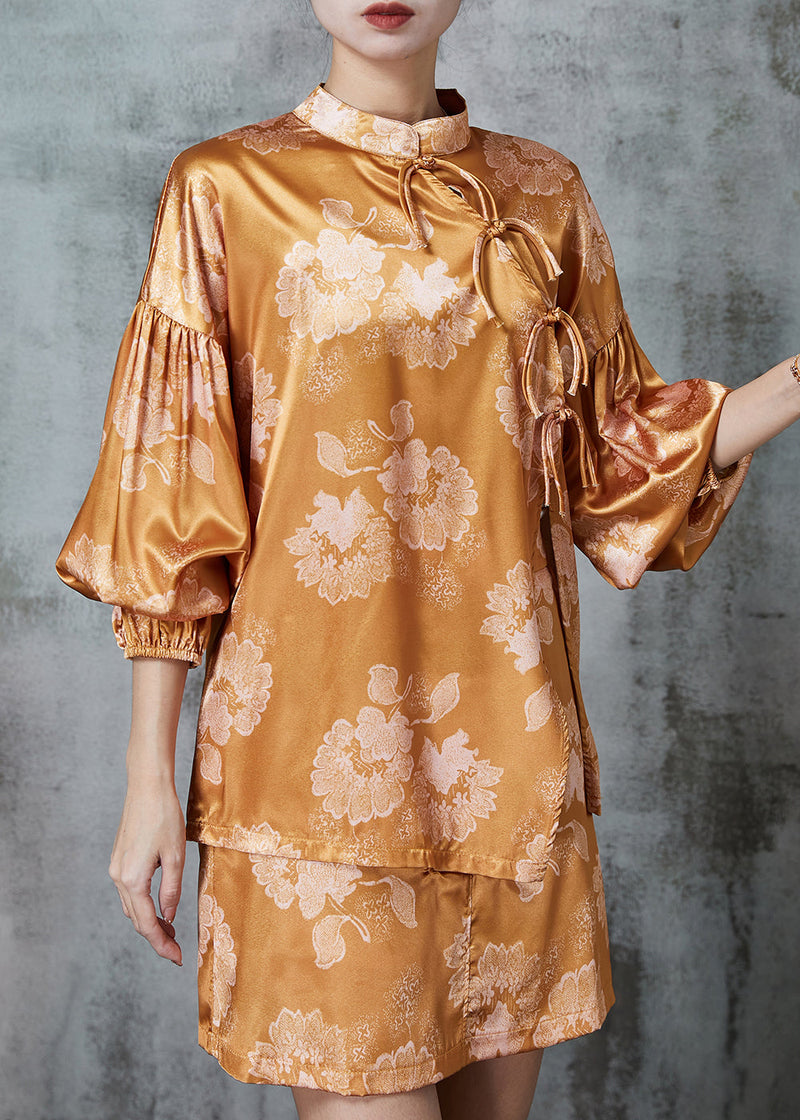 Diy Brown Asymmetrical Print Silk Oriental Sets 2 Pieces Puff Sleeve