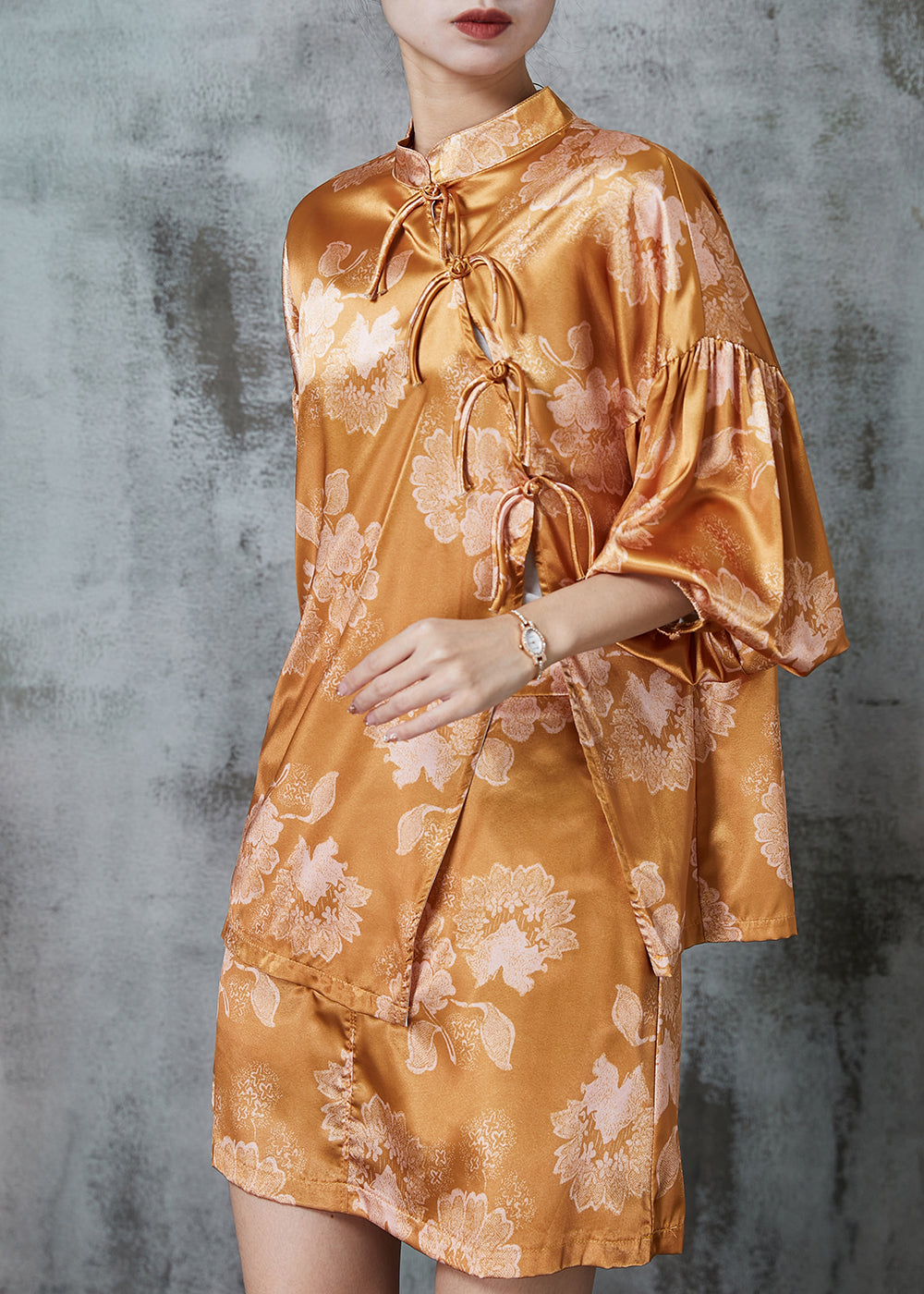 Diy Brown Asymmetrical Print Silk Oriental Sets 2 Pieces Puff Sleeve