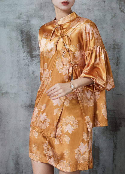 Diy Brown Asymmetrical Print Silk Oriental Sets 2 Pieces Puff Sleeve