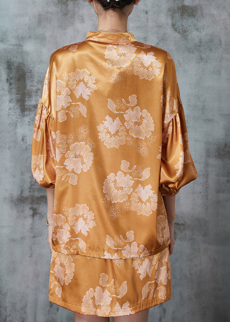Diy Brown Asymmetrical Print Silk Oriental Sets 2 Pieces Puff Sleeve