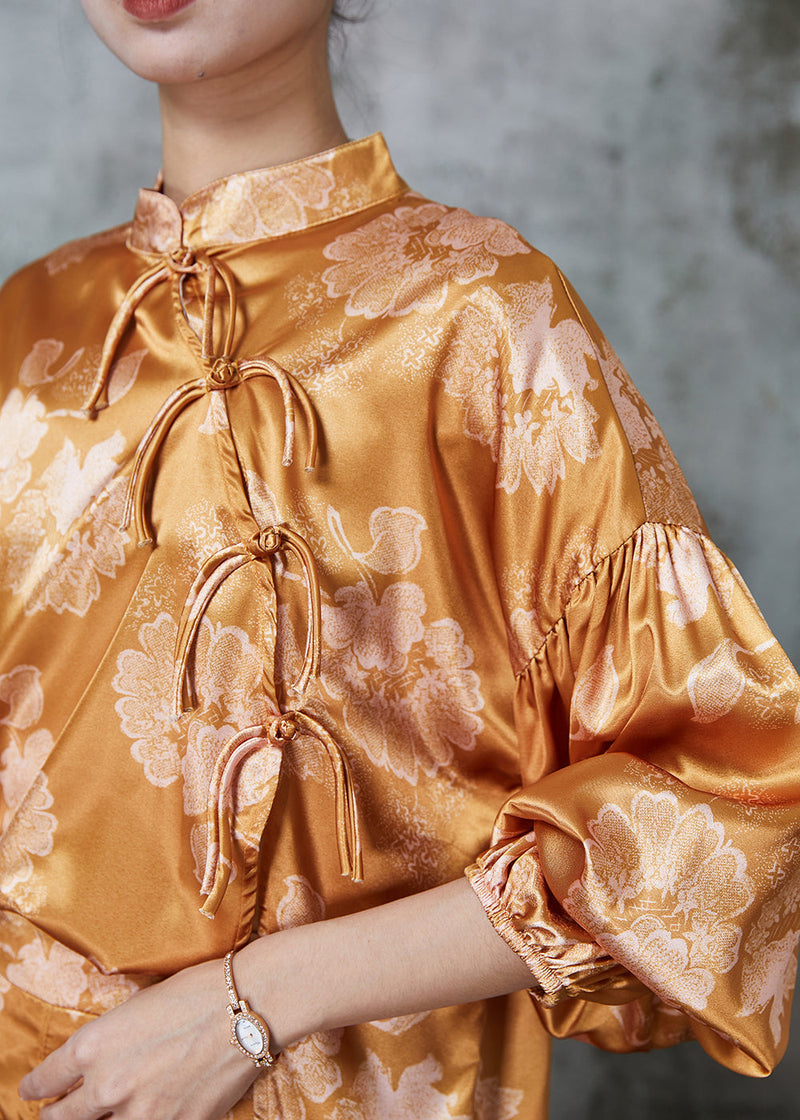 Diy Brown Asymmetrical Print Silk Oriental Sets 2 Pieces Puff Sleeve