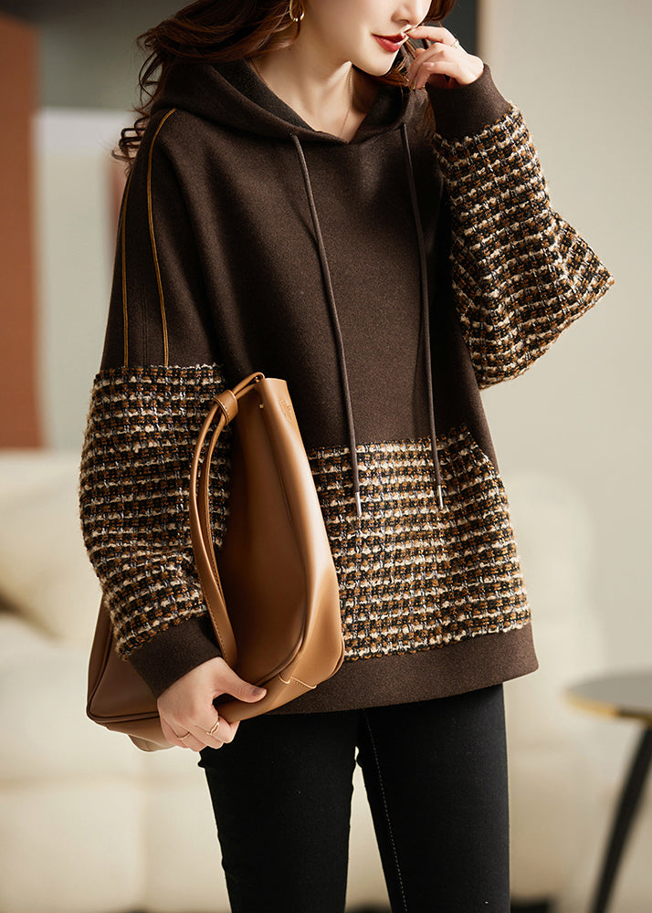 Diy Brown Hooded Patchwork Cotton Sweatshirt Spring
