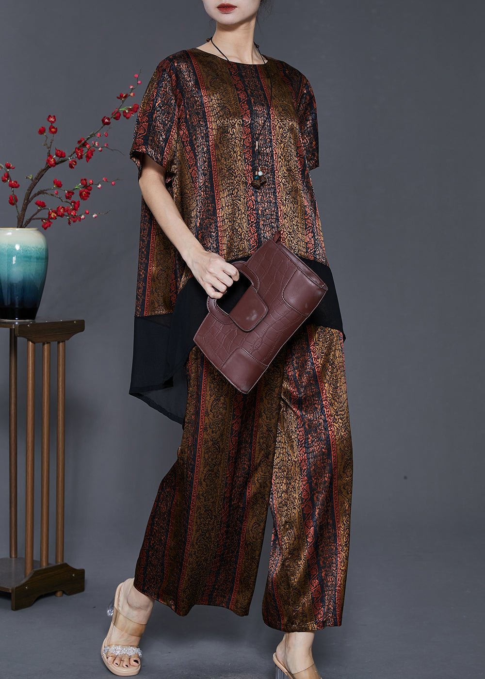 Diy Brown Oversized Patchwork Silk Sets 2 Pieces Summer