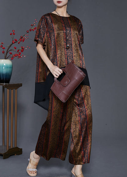 Diy Brown Oversized Patchwork Silk Sets 2 Pieces Summer