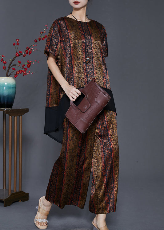 Diy Brown Oversized Patchwork Silk Sets 2 Pieces Summer