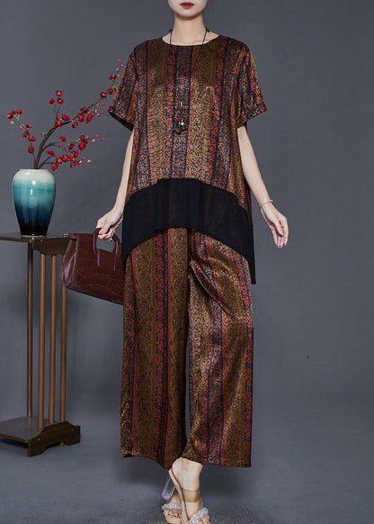 Diy Brown Oversized Patchwork Silk Sets 2 Pieces Summer