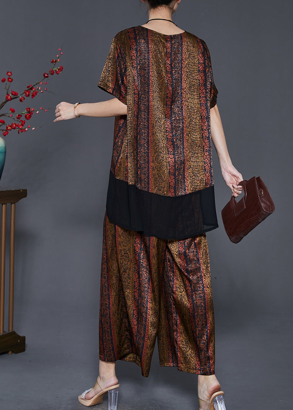 Diy Brown Oversized Patchwork Silk Sets 2 Pieces Summer