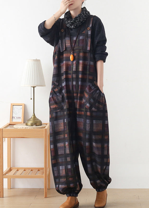 Diy Chocolate Colour Plaid Button Woolen Jumpsuit Pants Fall