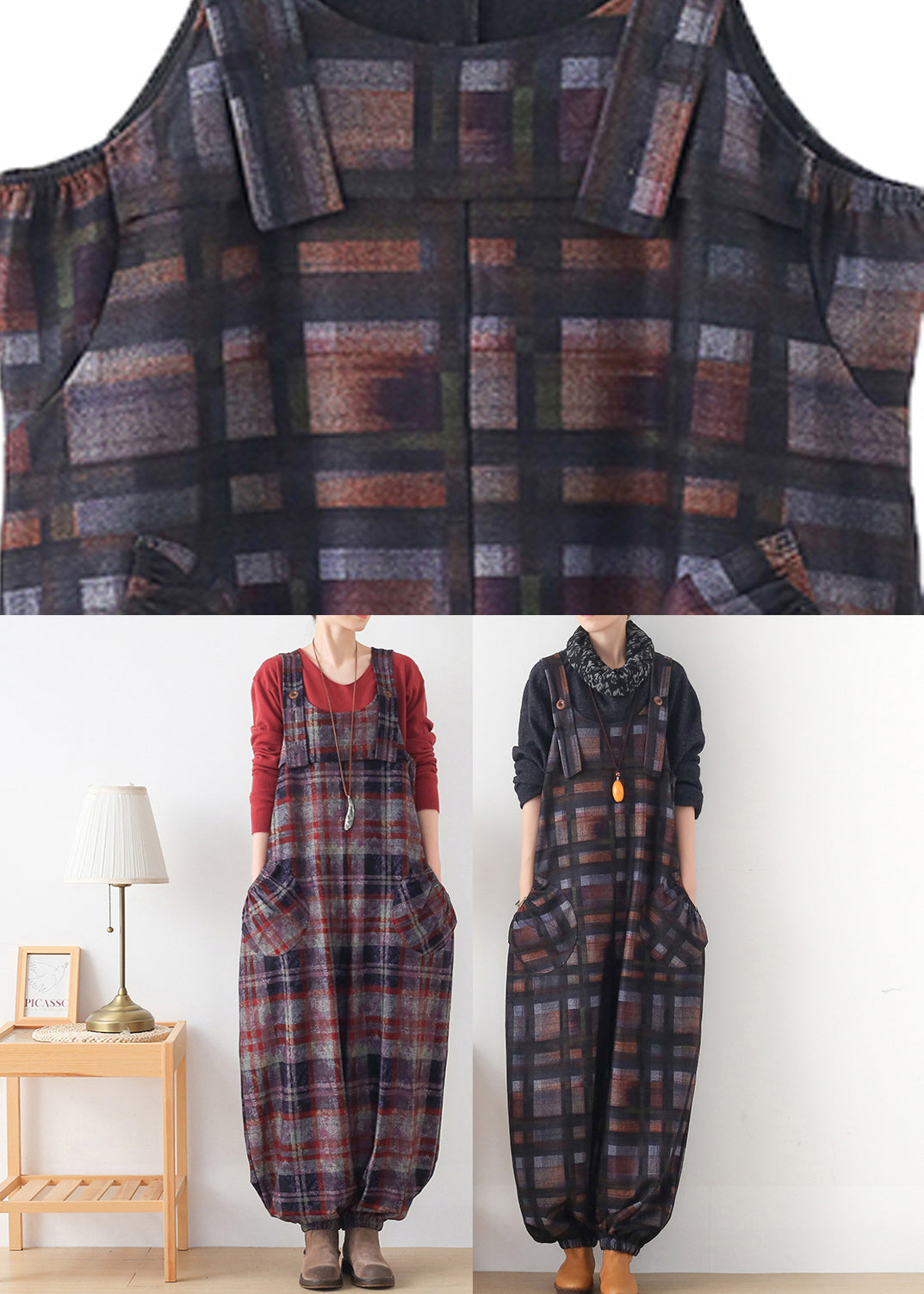 Diy Chocolate Colour Plaid Button Woolen Jumpsuit Pants Fall