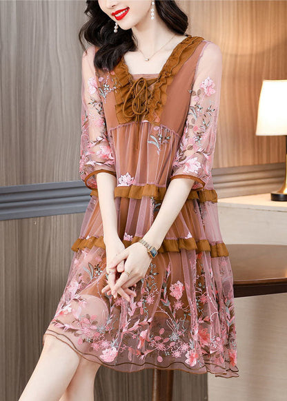 Diy Chocolate Embroideried Ruffled Lace Up Organza Dresses Half Sleeve