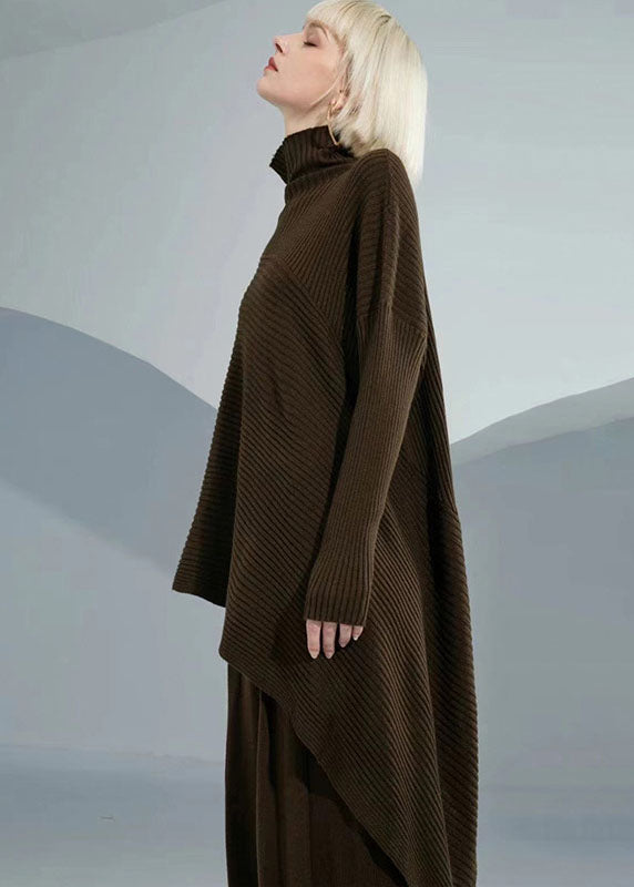 Diy Chocolate Turtle Neck Asymmetrical Wool Sweater Tops Long Sleeve