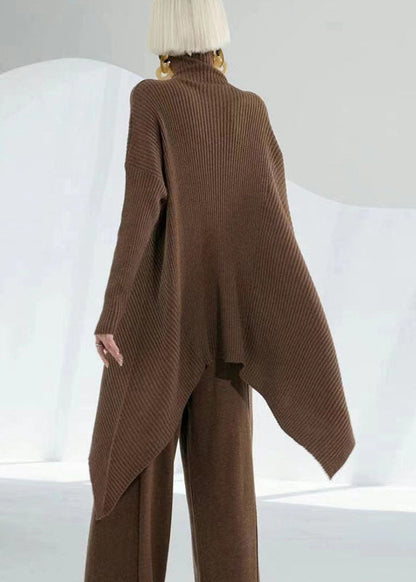 Diy Chocolate Turtle Neck Asymmetrical Wool Sweater Tops Long Sleeve