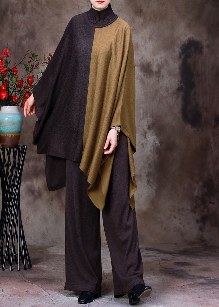 Diy Chocolate Turtleneck Asymmetrical Patchwork Knit Sweaters and Wide Leg Pants Two Pieces Set Fall
