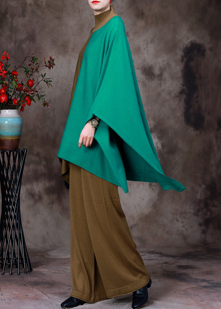 Diy Chocolate Turtleneck Asymmetrical Patchwork Knit Sweaters and Wide Leg Pants Two Pieces Set Fall