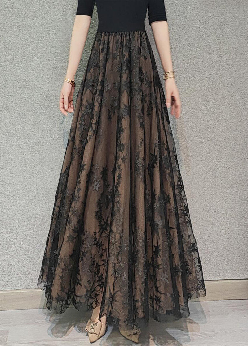 Diy Chocolate Wrinkled Embroideried High Waist Tulle Skirt Spring