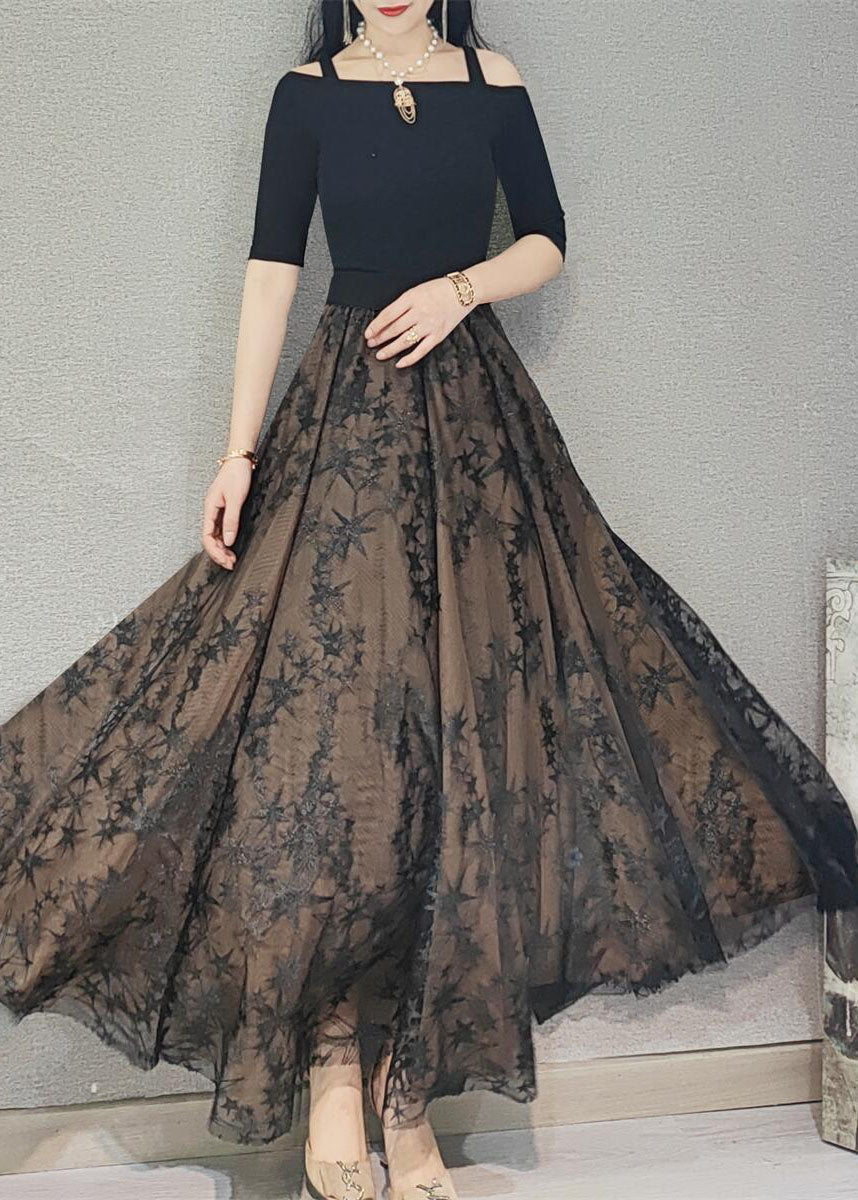 Diy Chocolate Wrinkled Embroideried High Waist Tulle Skirt Spring