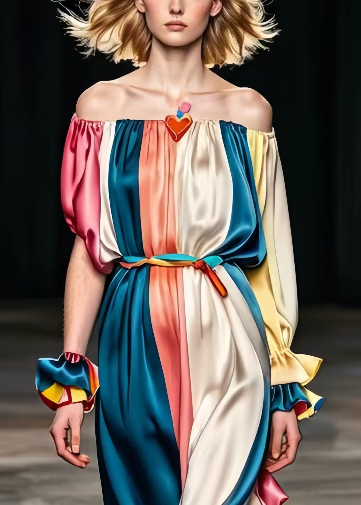 Diy Colorblock Cold Shoulder Patchwork Silk Party Dress Summer