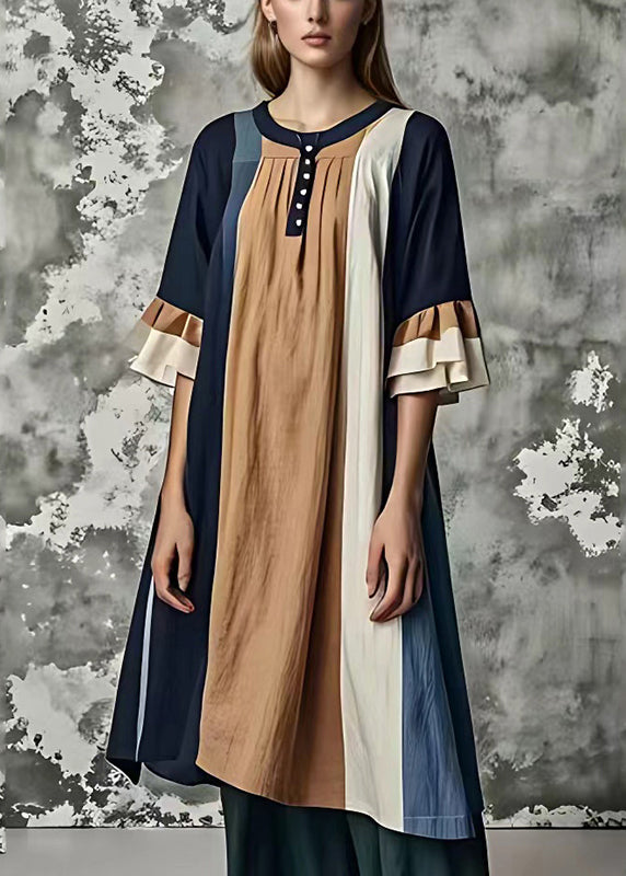 Diy Colorblock Oversized Patchwork Cotton Dresses Flare Sleeve