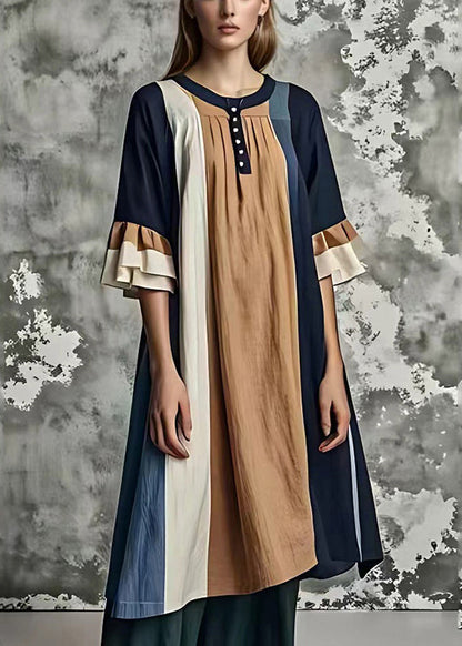Diy Colorblock Oversized Patchwork Cotton Dresses Flare Sleeve