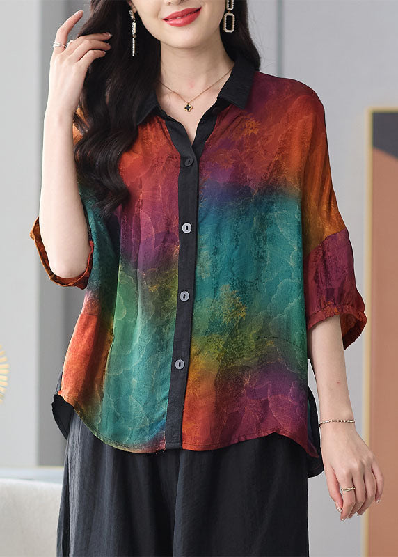 Diy Colorblock Peter Pan Collar Button Patchwork Silk Shirts Summer