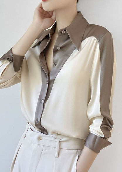 Diy Colorblock Peter Pan Collar Patchwork Silk Shirt Spring