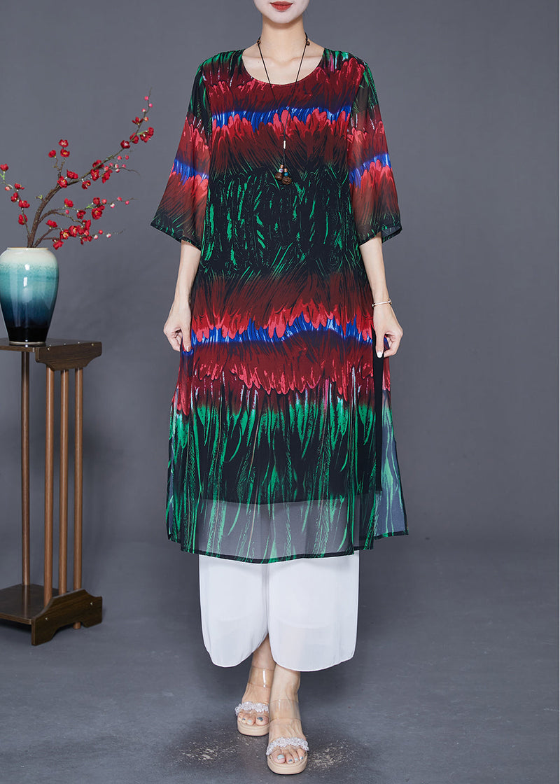 Diy Colorblock Print Side Open Chiffon Long Dress Half Sleeve