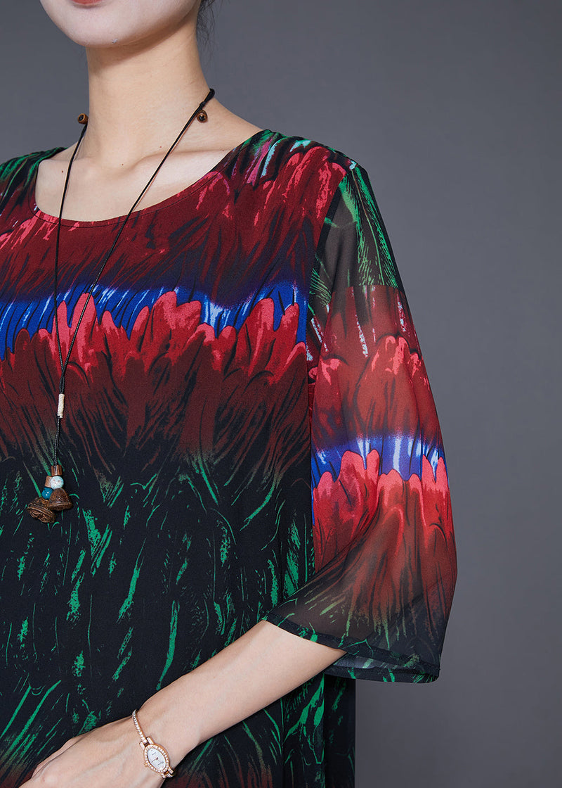 Diy Colorblock Print Side Open Chiffon Long Dress Half Sleeve