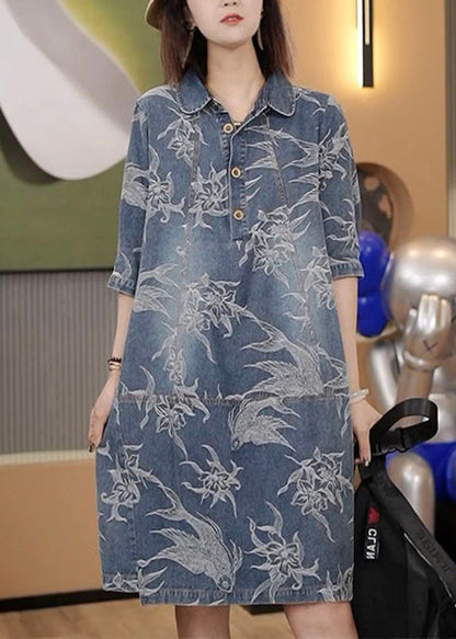 Diy Denim Blue Peter Pan Collar Print Button Mid Dresses Short Sleeve