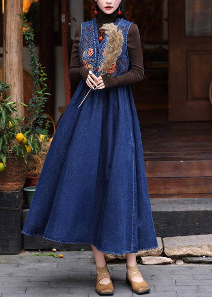 Diy Denim Blue V Neck Embroidered Patchwork Maxi Denim Vest Dress Sleeveless
